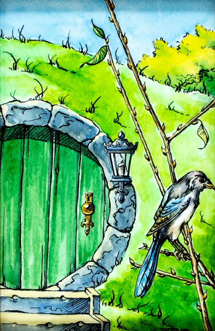 A Santella (US,20/21C) watercolor painting: ARTIST: A Santella (American, 20/21 centuries) TITLE: Hobbit Hole Landscape with Bird YEAR: 2002 MEDIUM: watercolor on paper CONDITION: Very good. Framed