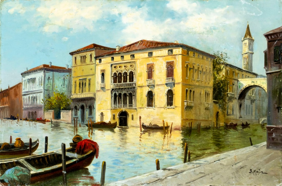 Boris B Major (Russia,NY,1876-1951) oil painting: ARTIST: Boris B Major (Russian, New York, 1876 - 1951) TITLE: Venice Canal Cityscape, Italy MEDIUM: oil on canvas. Canvas applied to board. CONDITION: Some scratches/paint