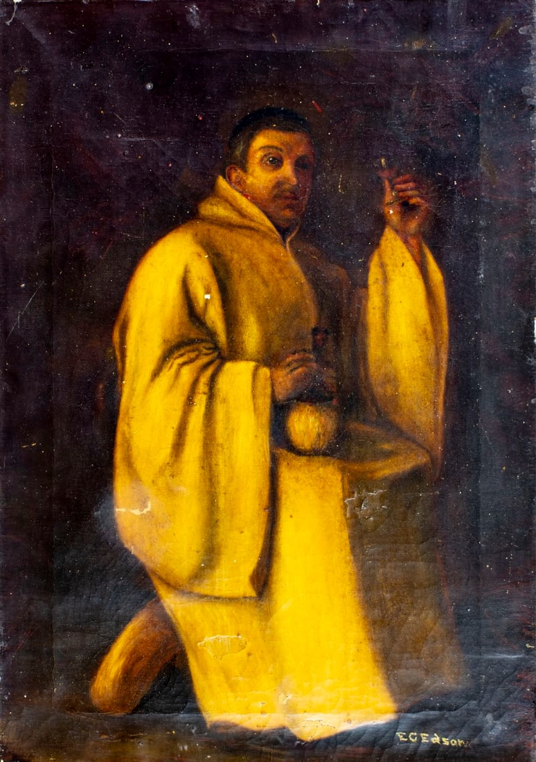 E Edson (US,early 20C) oil painting antique: ARTIST: E Edson (American, early 20 century) TITLE: Monk Drinking Wine MEDIUM: oil on canvas CONDITION: Few repaired tears. Some small damages to the corners of canvas. Some