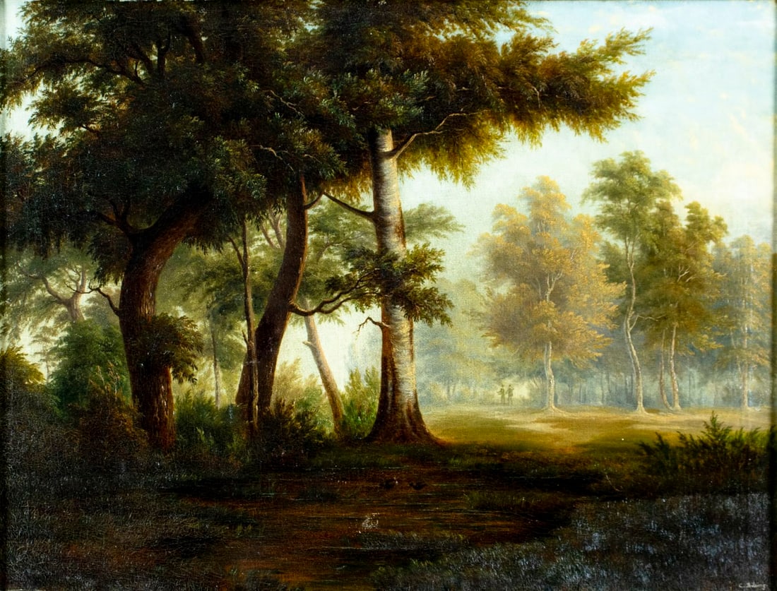 C Bilsing (US,19C) oil painting antique: ARTIST: C Bilsing (American, 19 century) TITLE: Forest Landscape MEDIUM: oil on canvas CONDITION: Some small paint losses. Minor craquelure. No visible inpaint under UV ligh