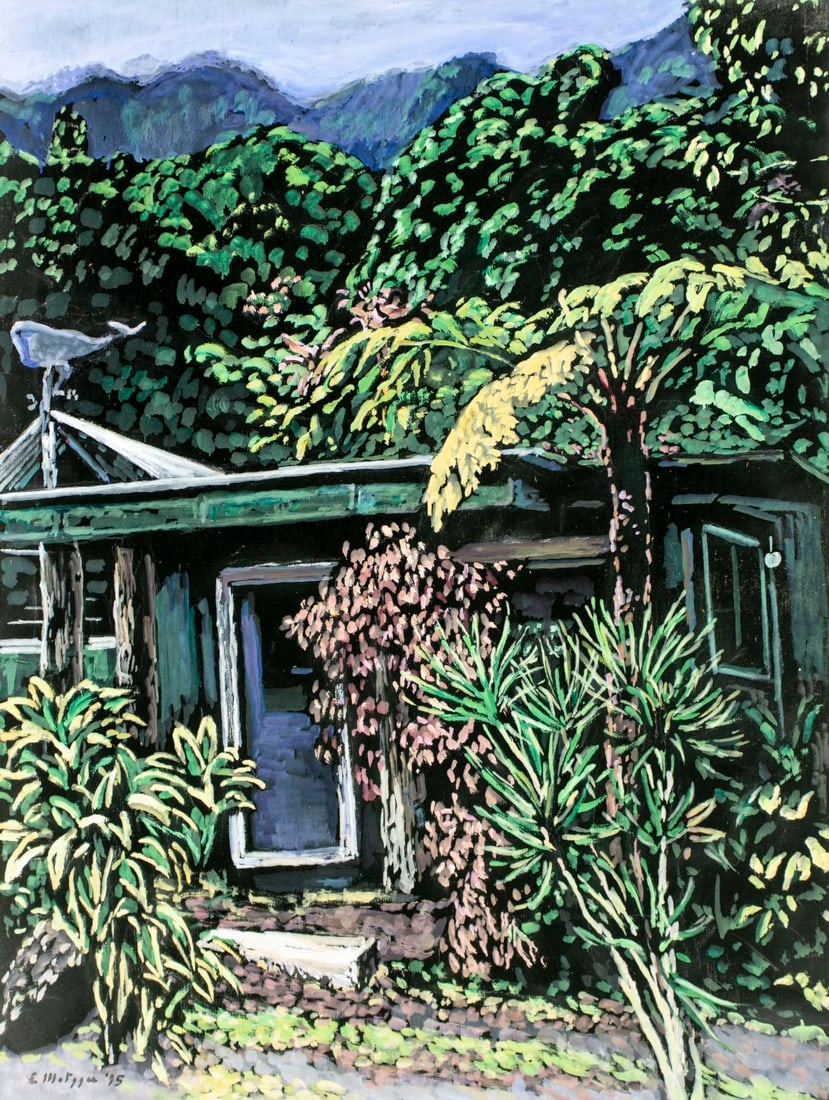 Evelyn Metzger (NY,Brazil,1911-2007) oil painting: ARTIST: Evelyn Borchard Metzger (New York, Brazilian, 1911 - 2007) TITLE: Landscape with Hawaiian House (titled on verso) YEAR: 1995 MEDIUM: oil on board CONDIT