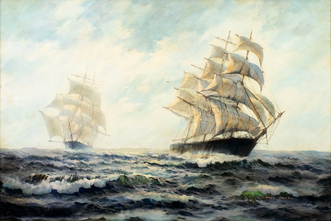 James Poole (-,20C) oil painting: ARTIST: James Poole (20 century) TITLE: Two Clipper Ships on Open Seas MEDIUM: oil on canvas CONDITION: One repaired puncture. Few small paint losses. Some craquelure. No vi