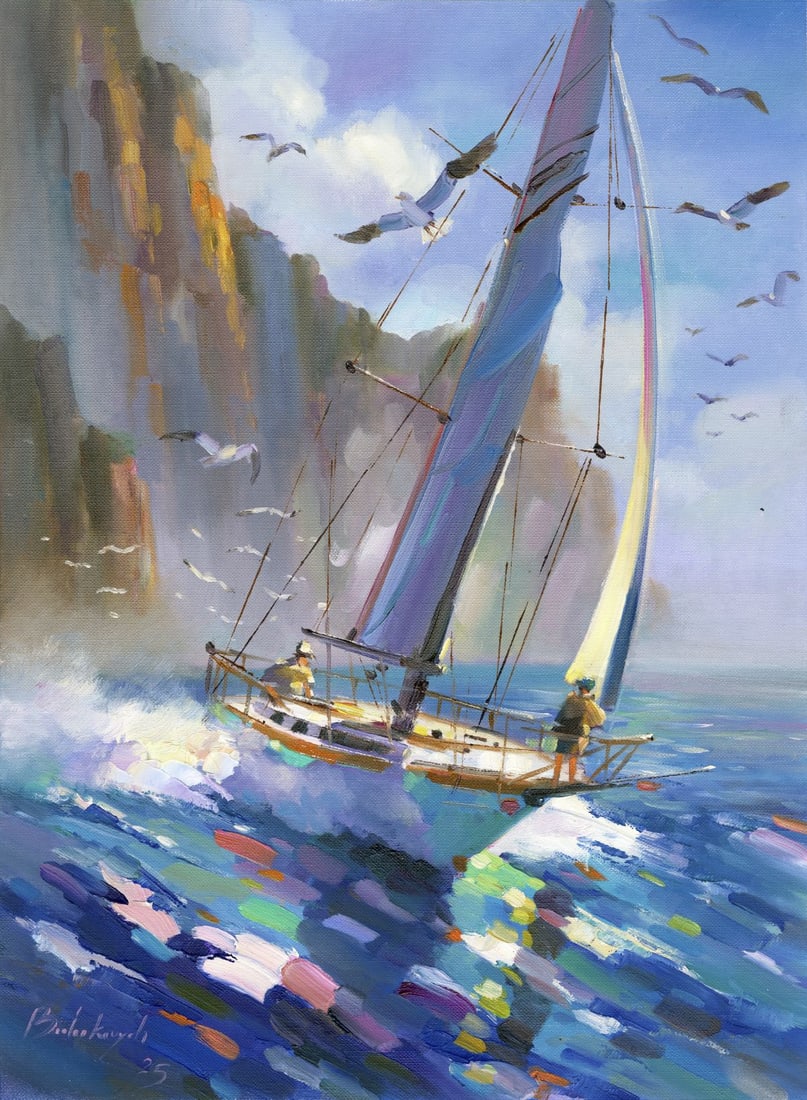 Volodymyr Budenkevych (Ukraine,20/21C) acrylic painting: ARTIST: Volodymyr Budenkevych (Ukrainian, 20/21 centuries) TITLE: Sailing Yacht MEDIUM: acrylic on heavy paper CONDITION: Very good. ART SIZE: 16 x 12 in