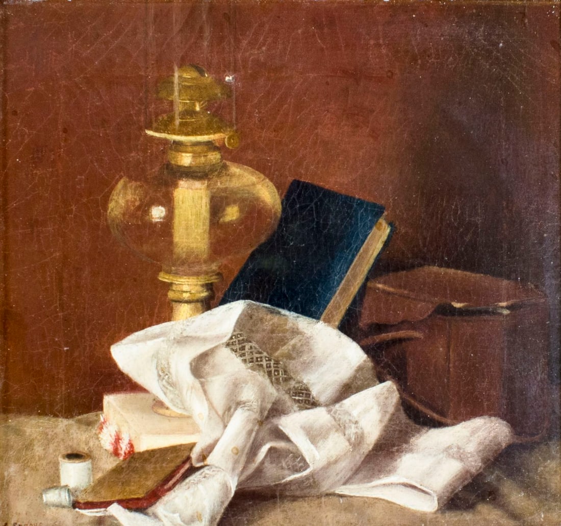 Nicholas Brooks (NY,1840-1904) oil painting antique: ARTIST: Nicholas Alden Brooks (New York, 1840 - 1904) NAME: Still Life with Oil Lamp, Book and Linen MEDIUM: oil on canvas CONDITION: Missing one flake of paint. Some craquelure. Minor inpai