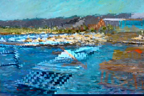 Robert Waltsak (NJ,b 1944) oil painting: ARTIST: Robert Alan Waltsak (New Jersey, born 1944) TITLE: Johnson Boat Yard, Mantoloking, NJ (titled on verso) YEAR: 2011 MEDIUM: oil on canvas CONDITION: Very good. No visible inpaint under UV