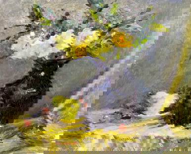 Robert Waltsak (NJ,b 1944) oil painting: ARTIST: Robert Alan Waltsak (New Jersey, born 1944) TITLE: Still Life with Fruit and Vase of Flowers MEDIUM: oil on board CONDITION: Few minor paint losses. No visible inpaint under UV light. ART