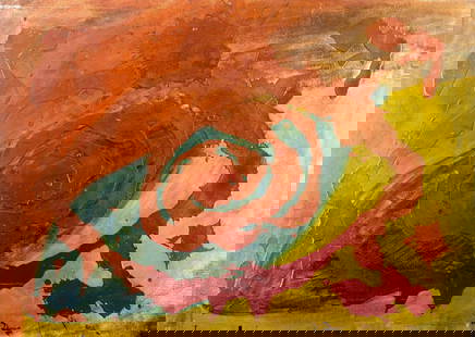 Pios Rodaman (FL,Brazil,b 1953) mixed media painting: ARTIST: Pios Rodaman (Florida, Brazilian, born 1953) TITLE: Abstract Composition YEAR: 1997 MEDIUM: mixed media on canvas. Canvas applied to board. CONDITION: Some scratches/paint losses. No visible