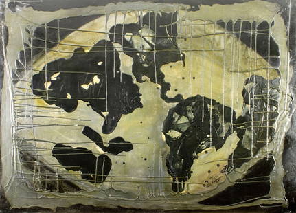 Pios Rodaman (FL,Brazil,b 1953) mixed media painting: ARTIST: Pios Rodaman (Florida, Brazilian, born 1953) TITLE: Universal Man (titled on verso) YEAR: 1997 MEDIUM: mixed media on canvas. Canvas applied to board. CONDITION: Some scratches/paint losses.