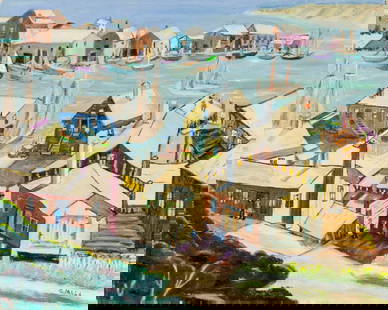 G Moss (US,mid 20C) oil painting: ARTIST: G Moss (America, mid 20 century) TITLE: Coastal Town Scene MEDIUM: oil on canvas board CONDITION: Minor damages to corners. Few small paint losses mostly along edges. No visible inpaint under