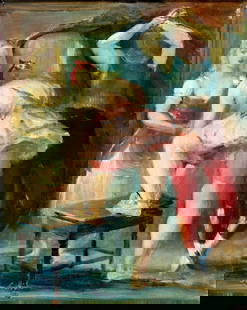 Jon Corbino (NY,MA,1905-1964) oil painting: ARTIST: Jon Corbino (New York, Massachusetts, 1905 - 1964) TITLE: Circus Performers (titled on label) MEDIUM: oil on board CONDITION: Some paint losses mostly along edges. Some craquelure. No