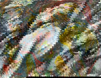 Elizabeth Silver (CA,20c) oil painting: ARTIST: Elizabeth Silver (California, 20 century) TITLE: Abstract Composition with Figures MEDIUM: oil on canvas CONDITION: Some small paint losses. No visible inpaint under UV light. Normal wear