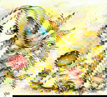 Vitxy (US,20/21C) acrylic painting: ARTIST: Vitxy (American, 20/21 centuries) TITLE: Autumn YEAR: 2017 MEDIUM: acrylic and watercolor on paper CONDITION: Very good. Framed under the glass. Minor damages to frame. ART SIZE: 12 x 13