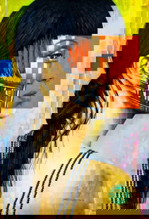 Victor Crisostomo Gomez (Peru,20/21C) oil painting: ARTIST: Victor Crisostomo Gomez (Peruvian, 20/21 centuries) TITLE: Warmi (titled on verso) MEDIUM: oil on canvas CONDITION: Very good. No visible inpaint under UV light. ART SIZE: 24 x 35 inches /