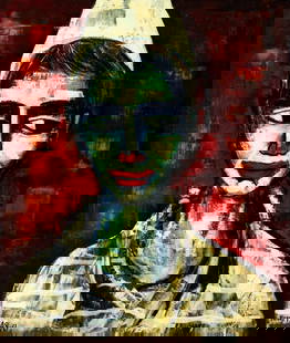 Pierre Mas (France,1933-?) oil painting: ARTIST: Pierre Mas (French, 1933 - ???) TITLE: Portrait of Clown YEAR: 1963 MEDIUM: oil on canvas CONDITION: Unstretched (In-House stretching available). Minor paint losses. Some craquelure. No