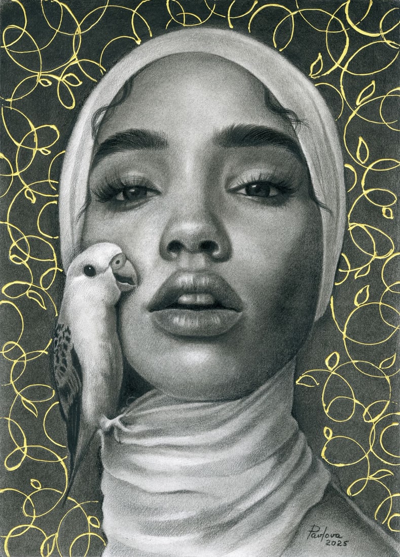 Olena Pavlova (Ukraine,20/21C) pastel painting: ARTIST: Olena Pavlova (Ukrainian, 20/21 centuries) TITLE: Portrait of Woman with Parrot MEDIUM: pastel on heavy paper CONDITION: Very good. ART SIZE: 16