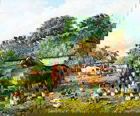 Samuel Joseph Clark (UK,1834-1912) oil painting antique: ARTIST: Samuel Joseph Clark (United Kingdom, 1834 - c. 1912) TITLE: Farm Scene with Horses MEDIUM: oil on canvas CONDITION: Relined. Some paint losses. Minor stable craque