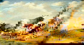 Thomas Sidney Cooper (UK,1803-1902) oil painting antique: ARTIST: Thomas Sidney Cooper (United Kingdom, 1803 - 1902) TITLE: Landscape with Cows and Sheep YEAR: 1879 MEDIUM: oil on canvas CONDITION: Relined. So