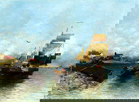 Antique 19C European oil painting: ARTIST: - (Europe, 19 century) TITLE: Harbor Scene with Sailboats MEDIUM: oil on canvas CONDITION: Some scratches/paint losses mostly by the upper edge. Some scattered inp