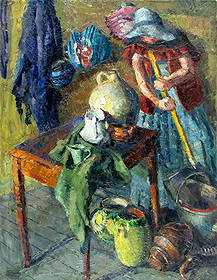 Richard Berger (Swiss,1894-1994) oil painting 2-sided: ARTIST: Richard Berger (Switzerland, 1894 - 1994) TITLE: Woman Sweeping MEDIUM: oil on canvas CONDITION: Overall good. No visible inpaint under UV light. Normal wear along
