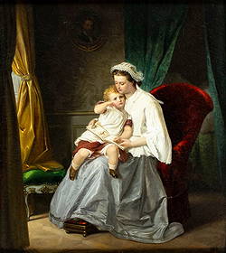 Johann Baptiste Weissbrod (Swiss,1834-1912) oil painting antique: ARTIST: Johann Baptiste Weissbrod (Switzerland, 1834 - 1912) TITLE: Mother Reading To Daughter YEAR: 1865 MEDIUM: oil on canvas CONDITION: Relined. Mis