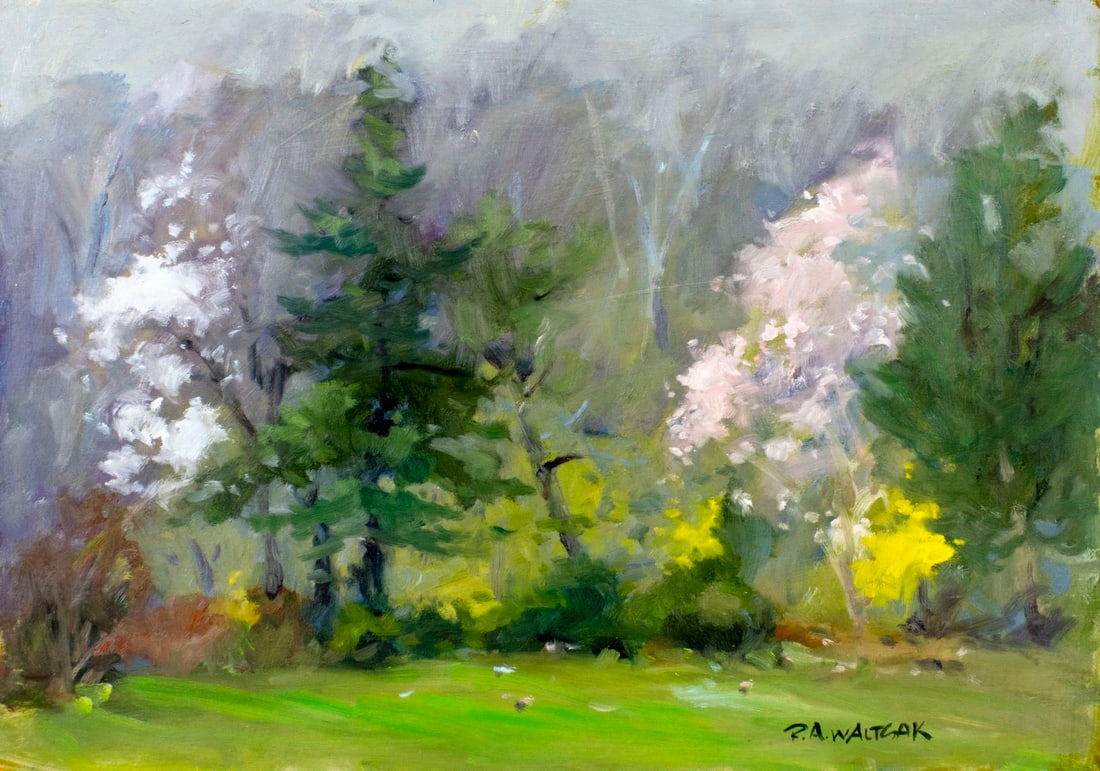 Robert Waltsak (NJ,b 1944) oil painting: ARTIST: Robert Alan Waltsak (New Jersey, born 1944) TITLE: Forest Landscape MEDIUM: oil on board CONDITION: Very good. No visible inpaint under UV light. ART SIZE