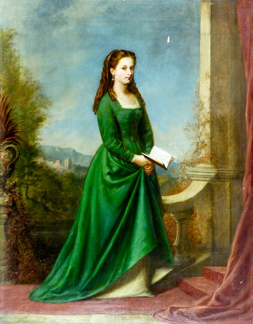 Antique 19C British oil painting: ARTIST: - (United Kingdom, 19 century) TITLE: Portrait of Woman with Book MEDIUM: oil on canvas CONDITION: Few small patches. Minor damages to the corners of canvas. Some