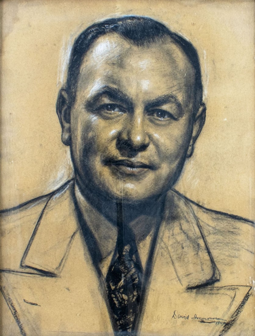 David Immerman (NY,1911-2003) charcoal painting: ARTIST: David Immerman (New York, 1911 - 2003) TITLE: Portrait YEAR: 1944 MEDIUM: charcoal on paper CONDITION: Some age toning. Framed under glass. Wear