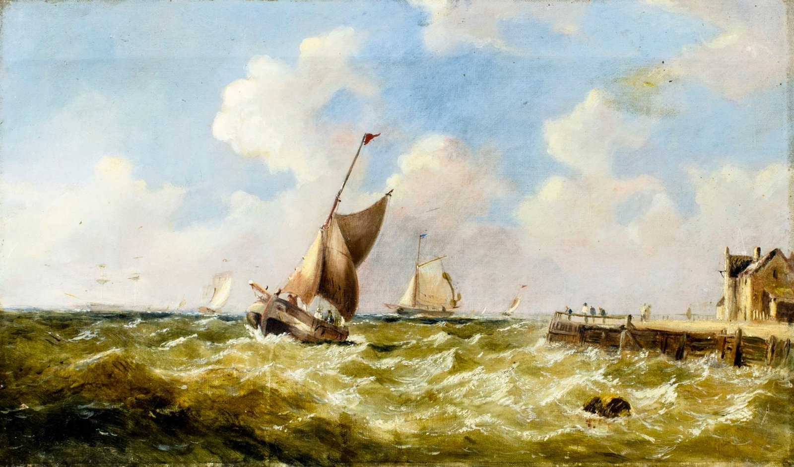 Antique 19C British oil painting: ARTIST: - (United Kingdom, 19 century) TITLE: Seascape with Sailboats MEDIUM: oil on canvas CONDITION: Few small scratches/paint losses. Some craquelure. Few scattered sma
