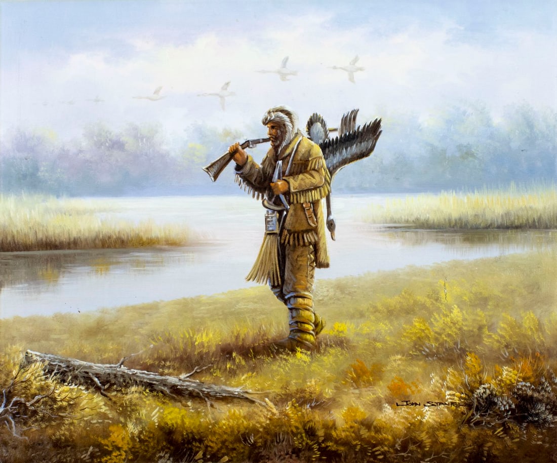John Stanford (OK,20/21C) oil painting: ARTIST: John Stanford (Oklahoma, 20/21 centuries) TITLE: Hunter MEDIUM: oil on canvas CONDITION: One small patch repaired tear with corresponding paint loss. Very minor craq