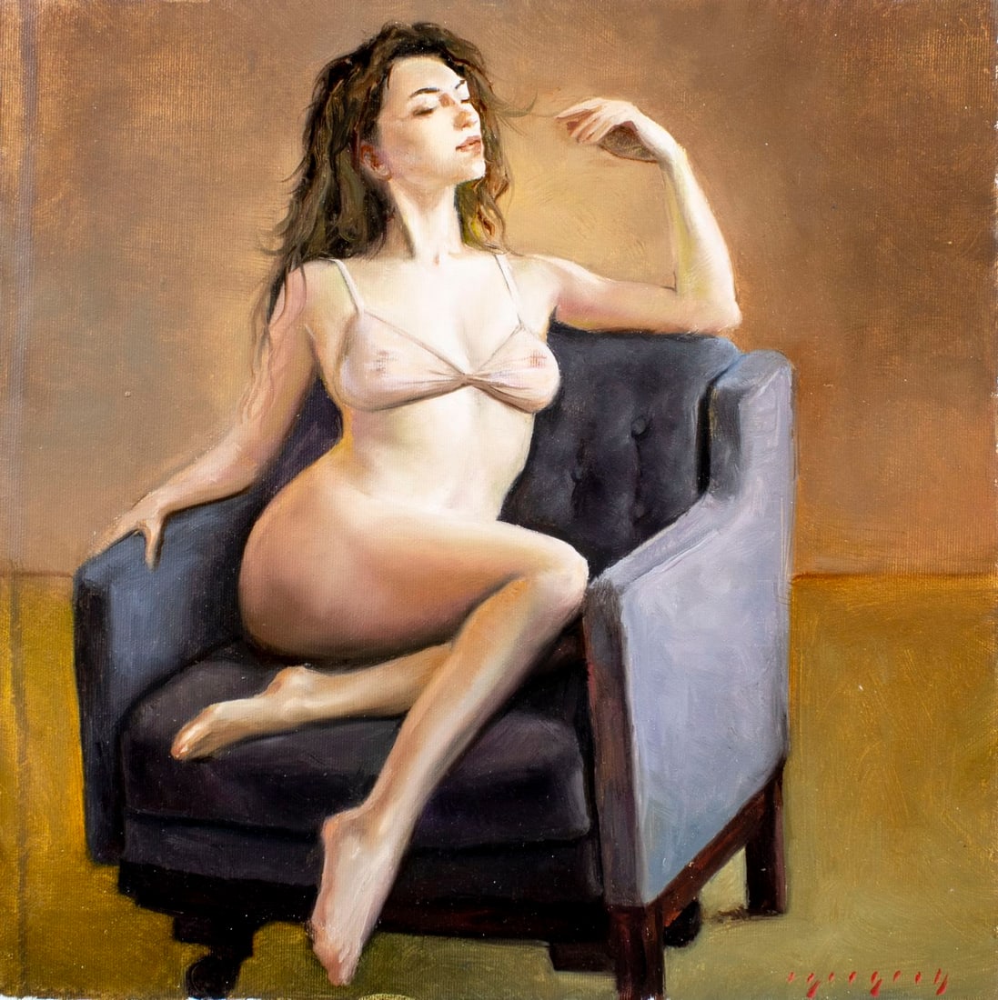 Igor Grey (Ukraine,b 1975) oil painting: ARTIST: Igor Grey (Ukrainian, born 1975) TITLE: Nude - Grace in Silence (titled on verso) MEDIUM: oil on canvas CONDITION: Unstretched (In-House stretching available). Very