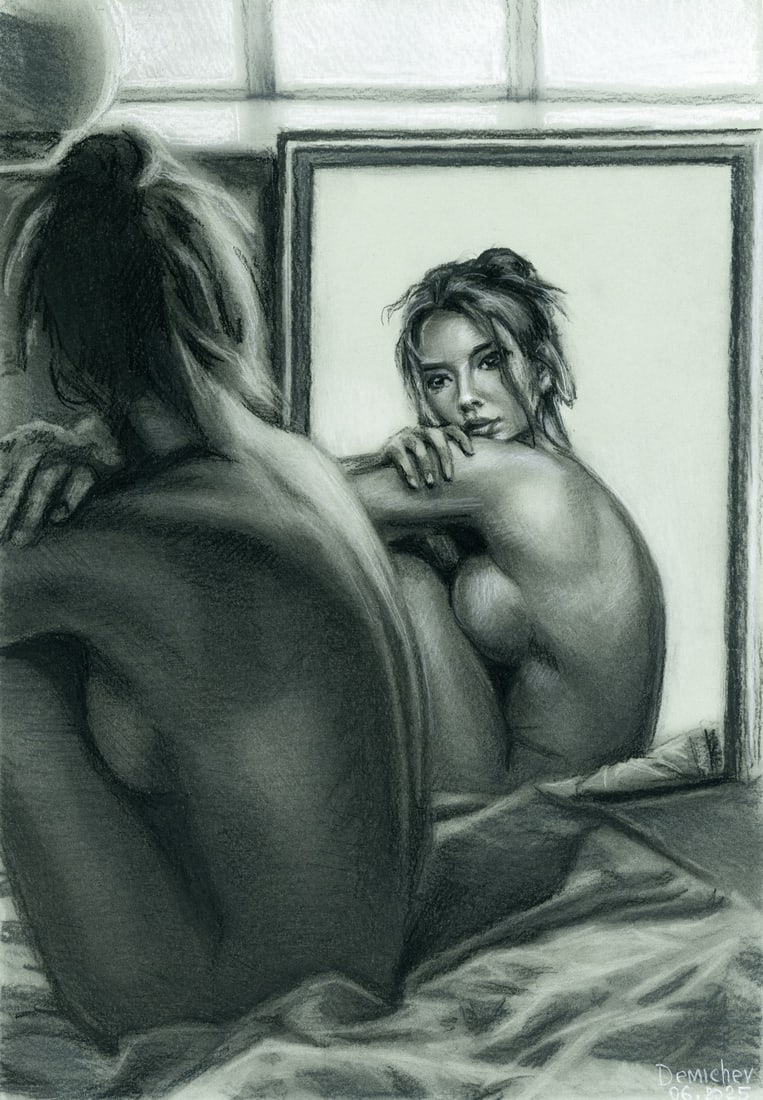 Oleksandr Demichev (Ukraine,20/21C) pastel painting: ARTIST: Oleksandr Demichev (Ukrainian, 20/21 centuries) TITLE: Seated Nude Looking in Mirror MEDIUM: pastel on heavy paper CONDITION: Very good. ART SIZE: