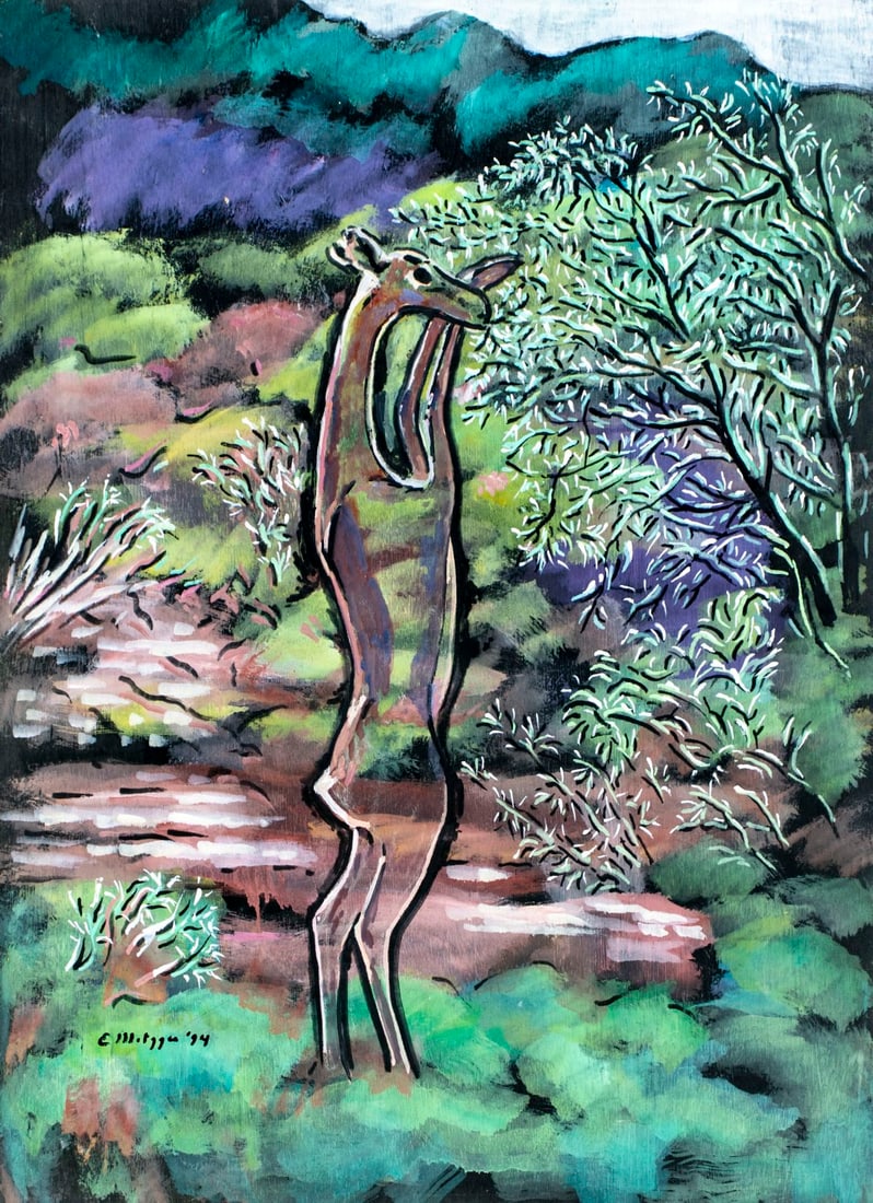 Evelyn Metzger (NY,Brazil,1911-2007) oil painting: ARTIST: Evelyn Borchard Metzger (New York, Brazilian, 1911 - 2007) TITLE: Gerunuk - African Antelope (titled on verso) YEAR: 1994 MEDIUM: oil on board CONDITION