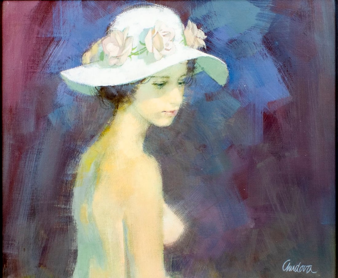 Steven Chudova (NY,1929-?) oil painting: ARTIST: Steven Chudova (New York, 1929 - ???) TITLE: Portrait of Woman in Hat YEAR: 1981 MEDIUM: oil on canvas CONDITION: Overall good. No visible inpain