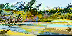 Paul Abram Jr (AZ,IN,1933-2005) gouache painting: ARTIST: Paul Abram Jr (Arizona, Indianna, 1933 - 2005) TITLE: War Party MEDIUM: watercolor and gouache on paper CONDITION: Very good. Framed under glass. Wear to frame.