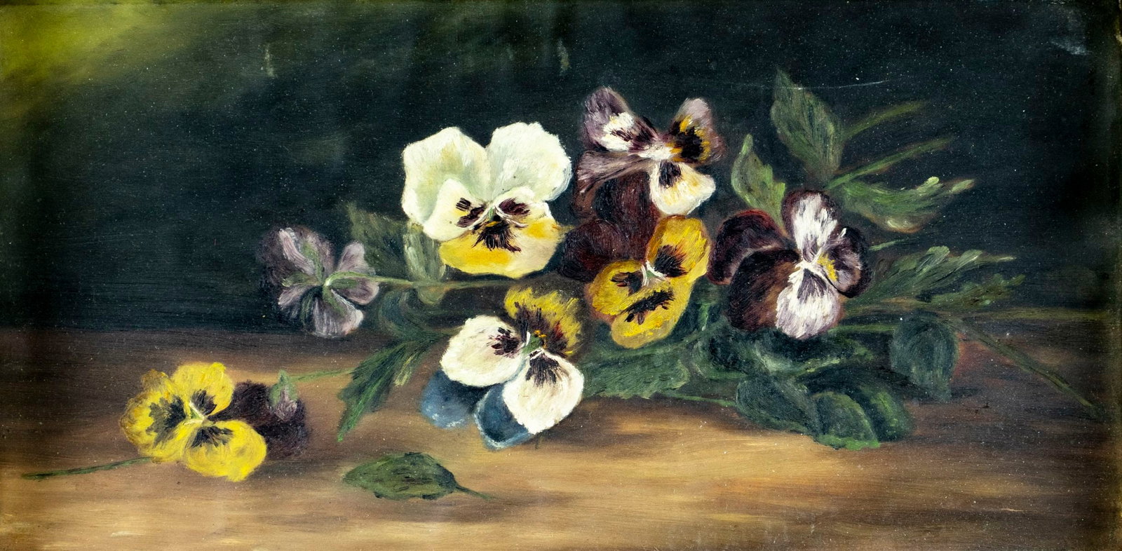 Antique early 20C American oil painting: ARTIST: - (American, early 20 century) TITLE: Still Life with Pansies MEDIUM: oil on canvas. Canvas applied to board. CONDITION: Few minor scratches. No visible inpaint un