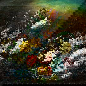 Antique 19C European oil painting: ARTIST: - (Europe, 19 century) TITLE: Still Life with Vase of Flowers MEDIUM: oil on canvas CONDITION: Some scratches/paint losses. Some craquelure. Some scattered inpaint
