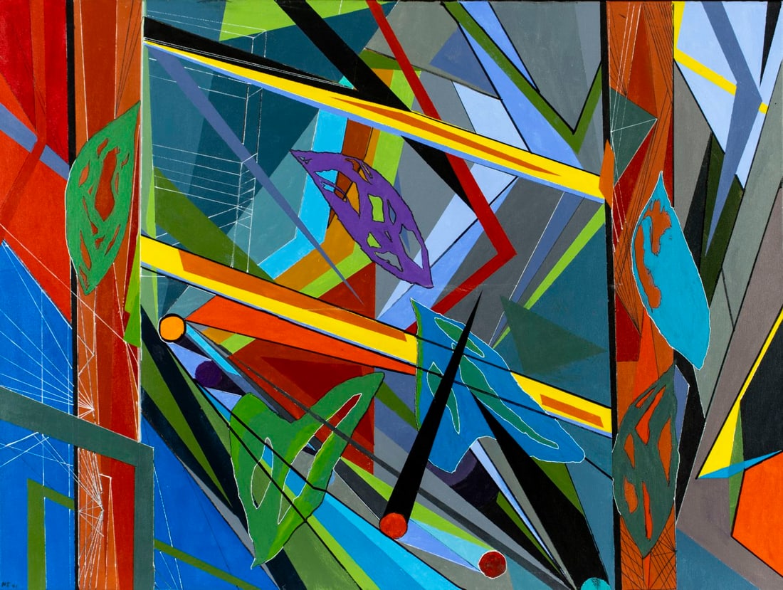 Martin Graifer (NJ,20/21C) acrylic painting: ARTIST: Martin Graifer (New Jersey, 20/21 centuries) TITLE: Abstract Composition MEDIUM: acrylic on canvas CONDITION: Overall good. No visible inpaint under UV light. Wear t