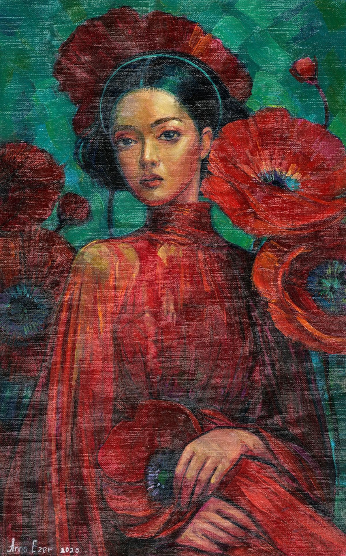 Anna Ezer (Ukraine,20/21C) acrylic painting: ARTIST: Anna Ezer (Ukrainian, 20/21 centuries) TITLE: Woman with Poppies MEDIUM: acrylic on heavy paper CONDITION: Very good. ART SIZE: 14 x 9 inches / 3