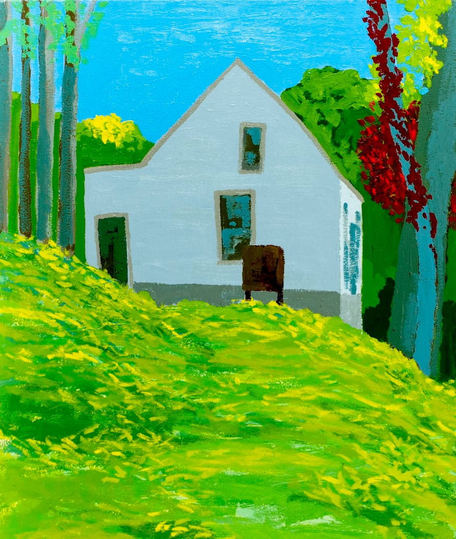 Edward Avedisian (NY,MA,1936-2007) oil painting: ARTIST: Edward Avedisian (New York, Massachusetts, 1936 - 2007) TITLE: Landscape with House MEDIUM: oil on canvas CONDITION: Overall good. No visible inpaint under UV ligh