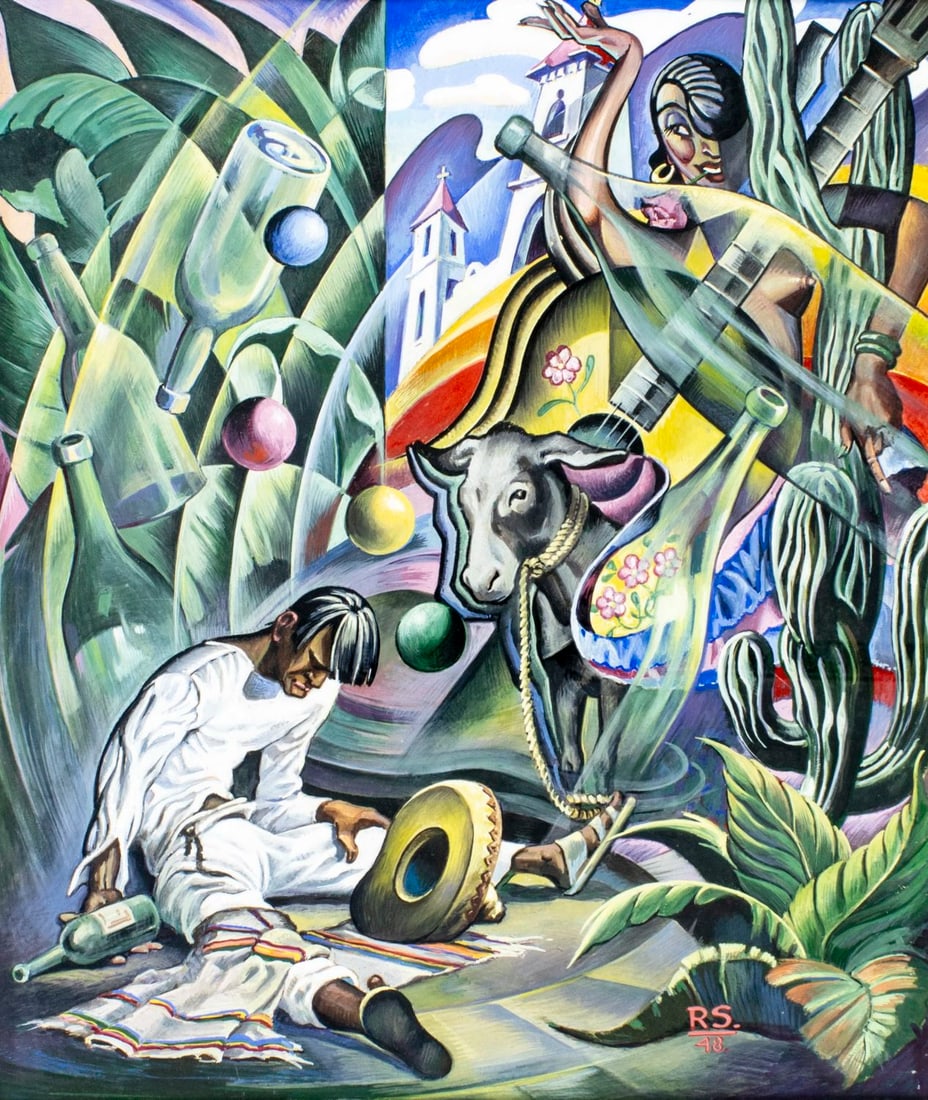 Vintage mid 20C Mexican gouache painting antique: ARTIST: - (Mexican, mid 20 century) TITLE: Mexican Surreal Scene YEAR: 1948 MEDIUM: gouache on paper CONDITION: Few minor scratches/paint losses. Very