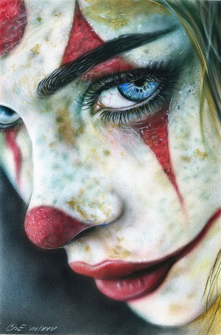 Evgeniy Chunikhin (Ukraine,b 1976) acrylic painting: ARTIST: Evgeniy Chunikhin (Ukrainian, born 1976) TITLE: Woman with Joker Face MEDIUM: acrylic on heavy paper CONDITION: Very good. ART SIZE: 12 x 8 inche
