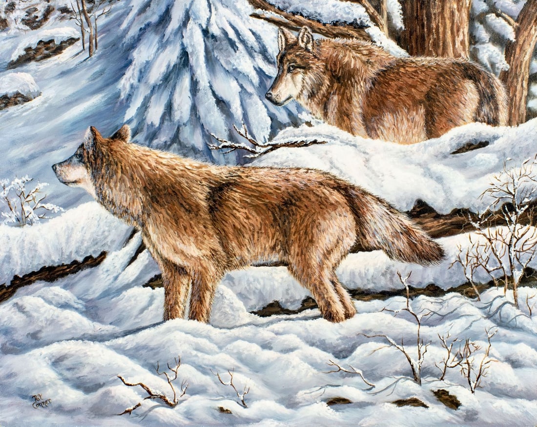Pat Conner (US,20C) oil painting: ARTIST: Pat Conner (American, 20 century) TITLE: Two Wolves in Winter Forest MEDIUM: oil on board CONDITION: Minor damage to upper right corner. No visible inpaint under UV