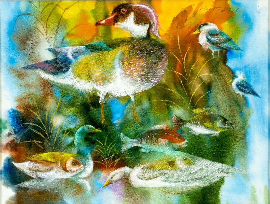 Robert Lee (NY,CA,1921-1994) gouache painting: ARTIST: Robert J Lee (New York, California, 1921 - 1994) TITLE: Reflections in a Pond (titled on verso) MEDIUM: gouache on board CONDITION: One small scratch/paint loss b