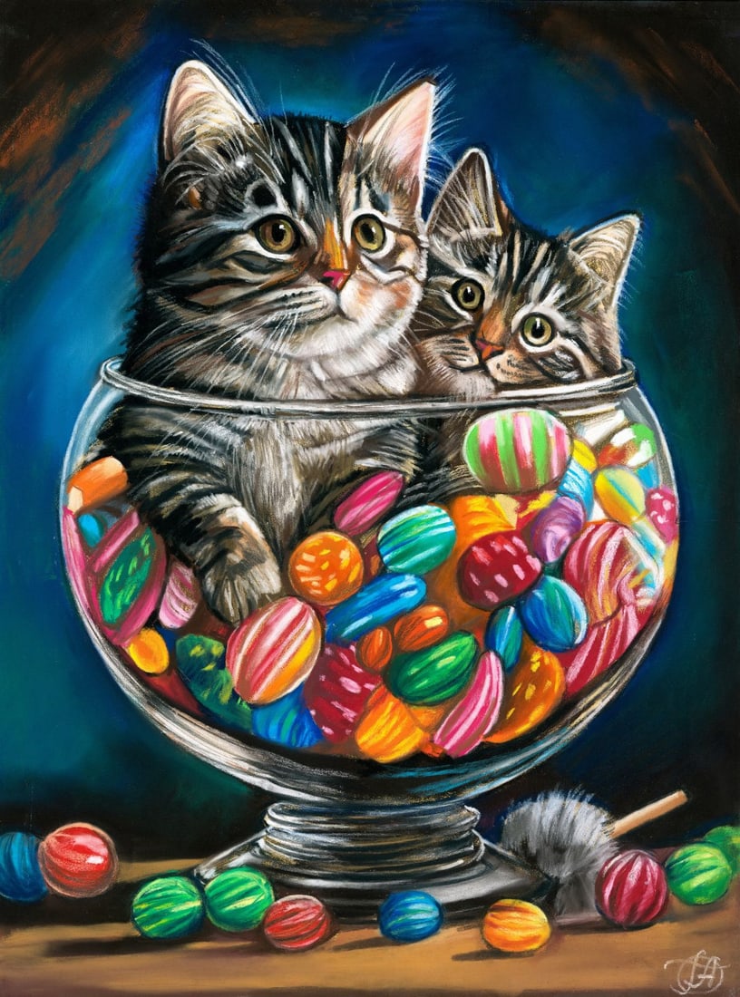 Genadiy Achkasov (Ukraine,b 1965) pastel painting: ARTIST: Genadiy Achkasov (Ukrainian, born 1965) TITLE: Cats and Candy MEDIUM: pastel on paper CONDITION: Few minor scratches/paint losses along edges. ART SIZE:</