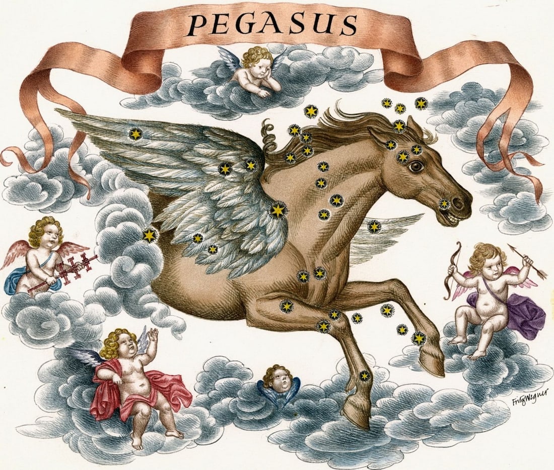 Fritz Wegner (Austria,1924-2015) watercolor painting: ARTIST: Fritz Wegner (Austrian, 1924 - 2015) TITLE: Pegasus, The Flying Horse (titled on verso) YEAR: 1986 MEDIUM: watercolor on paper. Paper applied to board.