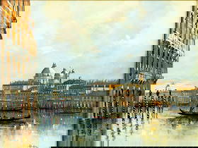 Roger Delapierre (Swiss,1935-2021) oil painting: ARTIST: Roger Delapierre (Switzerland, 1935 - 2021) TITLE: Venice Canal Cityscape, Italy MEDIUM: oil on canvas CONDITION: Very good. No visible inpaint under UV light. Wea