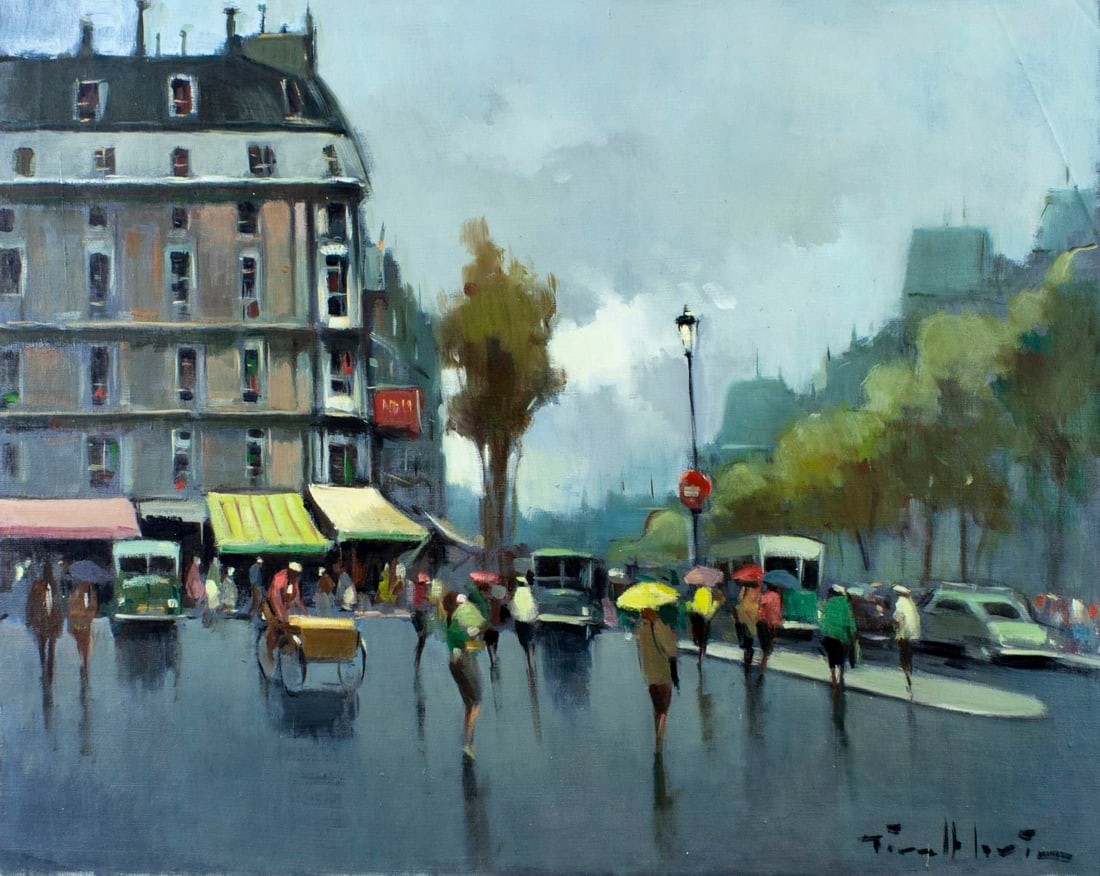 Joan Giralt Lerin (Spain,1907-?) oil painting: ARTIST: Joan Giralt Lerin (Spanish, 1907 - ???) TITLE: Rainy Cityscape MEDIUM: oil on canvas CONDITION: Unstretched (In-House stretching available). Two crease lines by th