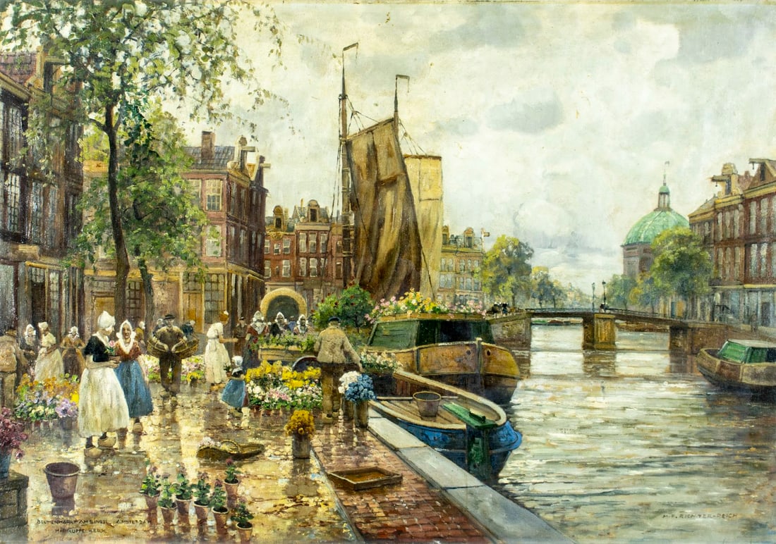 Franz Max Richter Reich (German,1896-1950) oil painting: ARTIST: Franz Max Richter Reich (Germany, 1896 - 1950) TITLE: Dutch Flower Market MEDIUM: oil on canvas CONDITION: Few minor paint losses. No visible inpaint under UV ligh