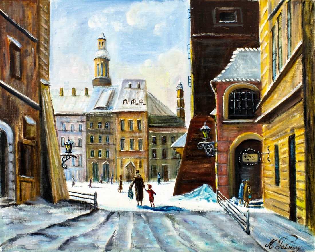 M Patonay (Europe,20C) oil painting: ARTIST: M Patonay (European, 20 century) TITLE: Winter Cityscape MEDIUM: oil on canvas CONDITION: Unstretched (In-House stretching available). Overall good. No visible in