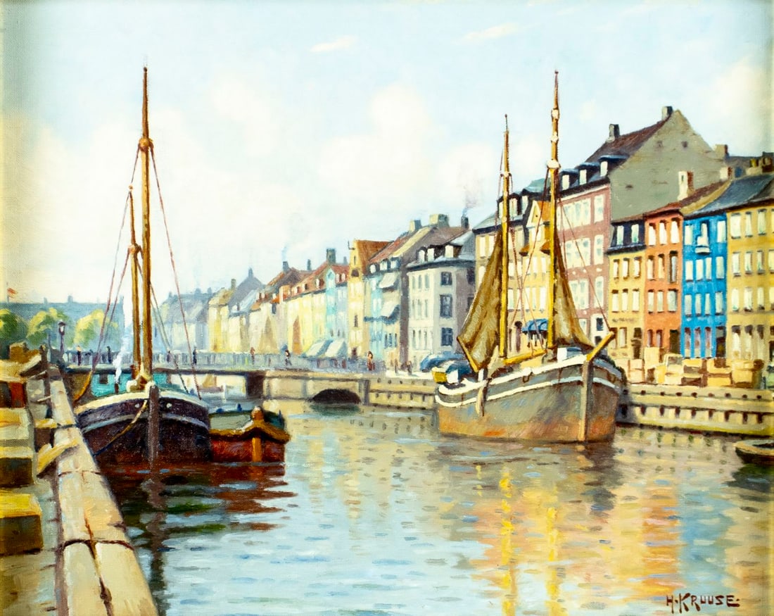 Hans Kruuse (Denmark,1893-1964) oil painting: ARTIST: Hans Kruuse (Danish, 1893 - 1964) TITLE: Copenhagen Canal Cityscape MEDIUM: oil on canvas CONDITION: Very good. No visible inpaint under UV light. Wear to frame.